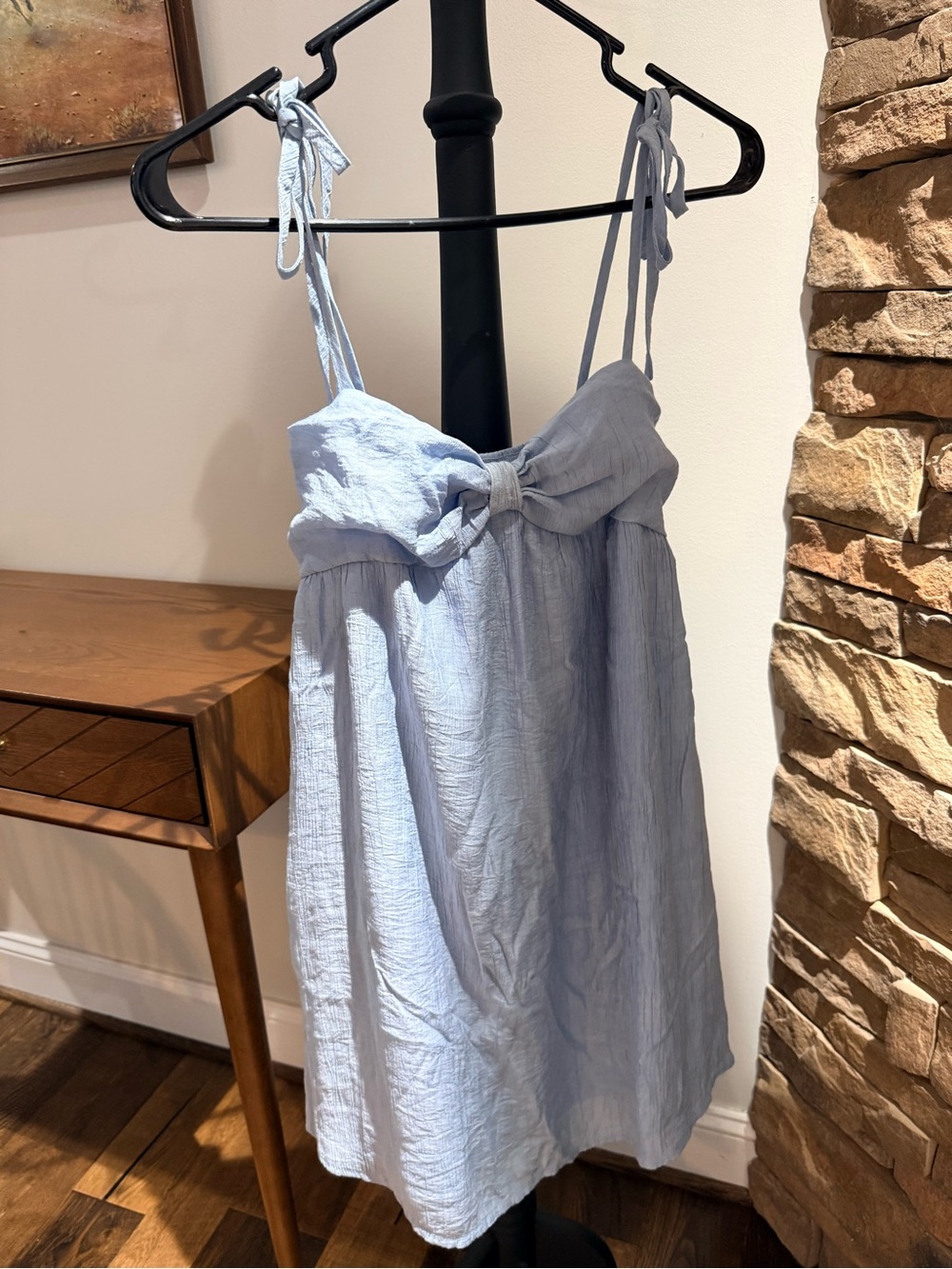 Light Blue Bow Front Midi Dress Tie Straps Cottagecore Coastal Summer Dress
